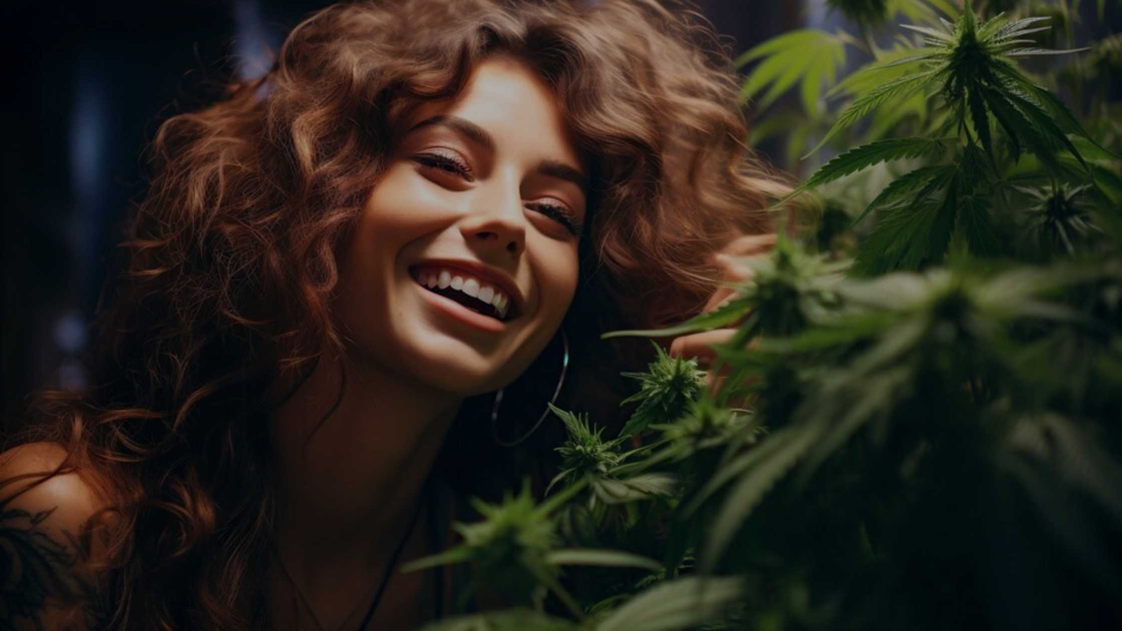 Woman Smiling And Holding A Cannabis Plant